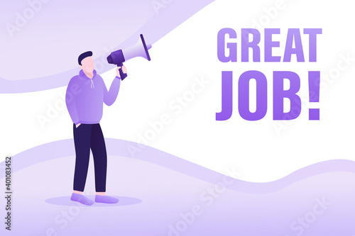 Template with great job man holding megaphone on white background for flyer design. Vector illustration in flat style.
