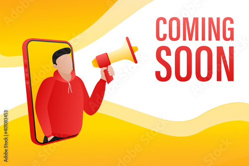 Template with coming soon man holding megaphone on white background for flyer design. Vector illustration in flat style.