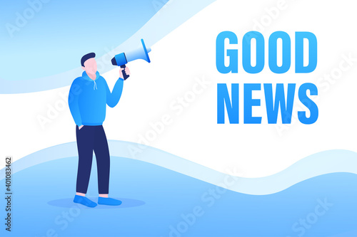 Template with blue good news man holding megaphone on white background for flyer design. Vector illustration in flat style.