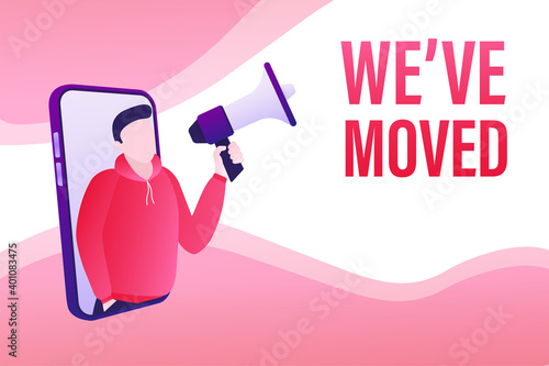 Template with we have moved man holding megaphone on white background for flyer design. Vector illustration in flat style.