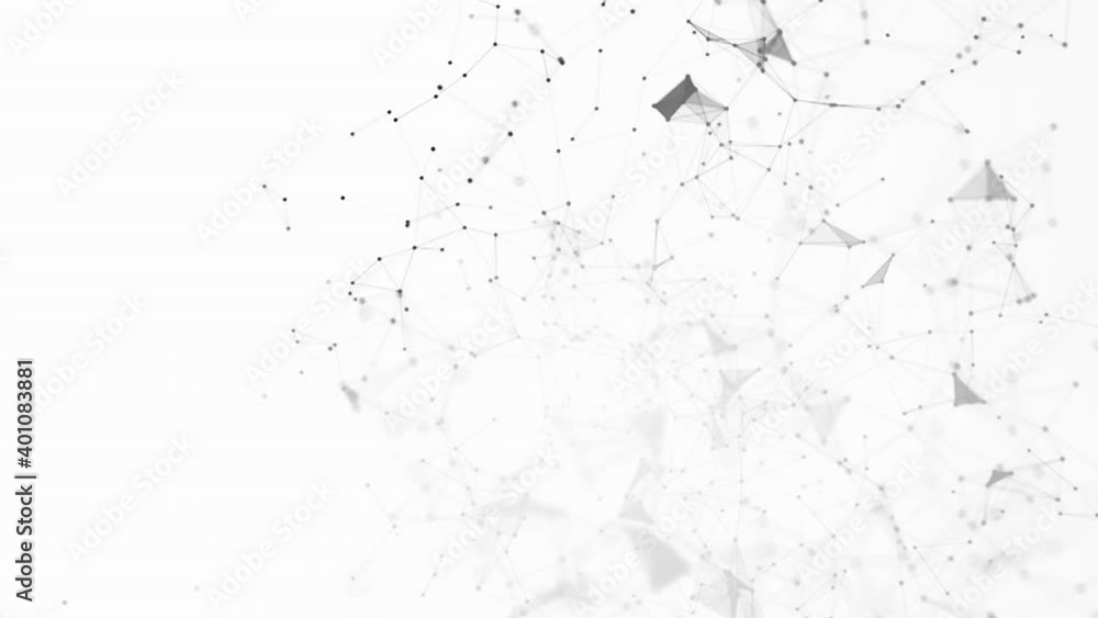 Abstract motion blur. Plexus background. Animation of a growing network of connected lines and dots in white. Abstract communications, technology, computer networks, the internet, social media, etc.