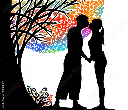 A couple in love kisses under a tree. Happy Valentine's Day. Vector illustration