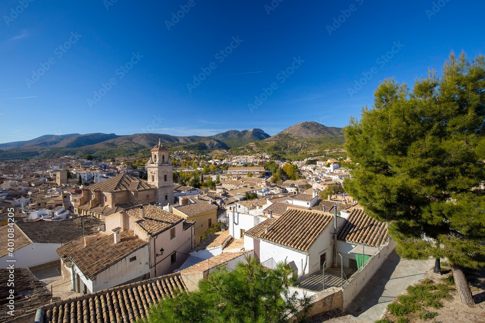 Panorama of the city of Caravaca de la Cruz on the background of the mountain range, a place of pilgrimage near Murcia in Spain