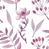 Geometric watercolor  seamless pattern with leaves and twigs. Delicate design, light colors