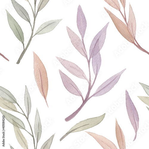 Seamless watercolor pattern with green leaves, buds and twigs.