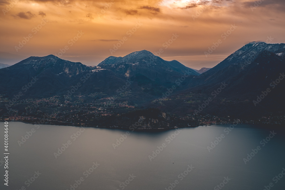 Panorama of a sunset over Lake Maggiore in Verbania, Italy