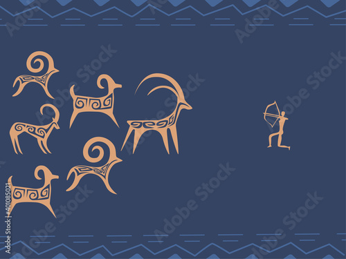 kazakh petroglyphs of sheeps and a hunter