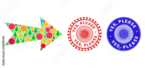 Arrow right composition of New Year symbols, such as stars, fir trees, colored spheres, and YES, PLEASE unclean seals. Vector YES, PLEASE seals uses guilloche ornament,