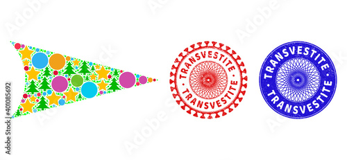 Arrowhead right mosaic of Christmas symbols, such as stars, fir trees, multicolored balls, and TRANSVESTITE textured stamp imitations. Vector TRANSVESTITE stamp seals uses guilloche pattern,