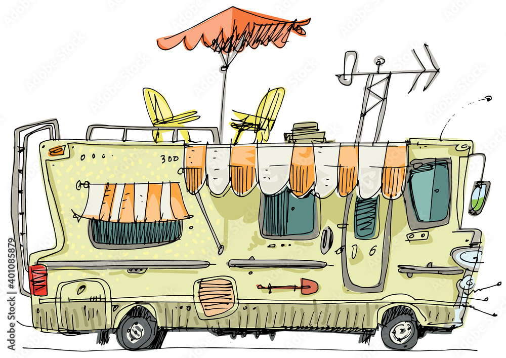 A drawing of camper van with different facilities and fit roof ...