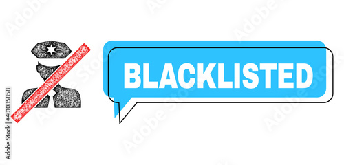 Speech Blacklisted blue bubble frame and network blacklisted policeman. Frame and colored area are shifted to Blacklisted text, which is located inside blue colored banner.