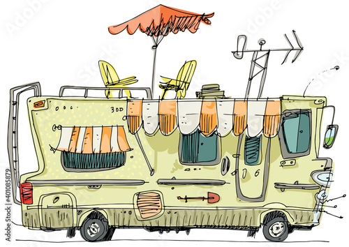 A drawing of camper van with different facilities and fit roof. Caricature handmade sketch of motorhome. Cartoon.