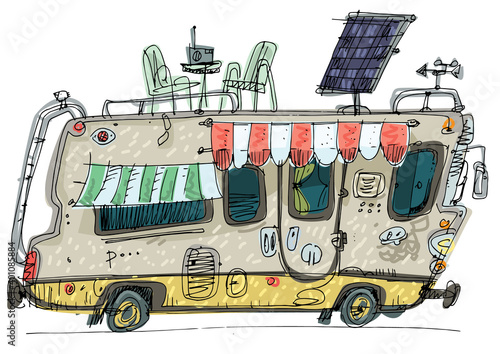 A drawing of camper van with different facilities and fit roof. Caricature handmade sketch of motorhome. Cartoon.