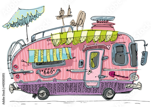 A drawing of camper van with different facilities and fit roof. Caricature handmade sketch of motorhome. Cartoon.