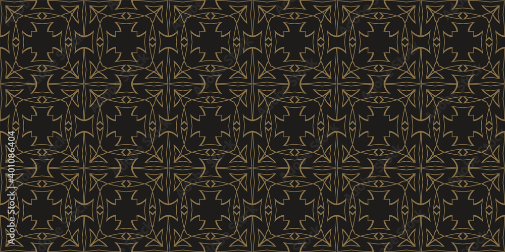 Dark wallpaper background, seamless pattern. Gold ornament on black. Perfect for fabrics, covers, posters, wallpaper