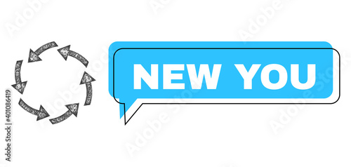 Conversation New You blue cloud frame and net mesh circulation. Frame and colored area are misplaced for New You label, which is located inside blue colored speech balloon.