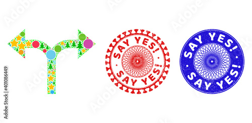 Bifurcation arrows left right collage of New Year symbols, such as stars, fir-trees, colored balls, and SAY YES! unclean stamp prints. Vector SAY YES! stamp seals uses guilloche ornament,