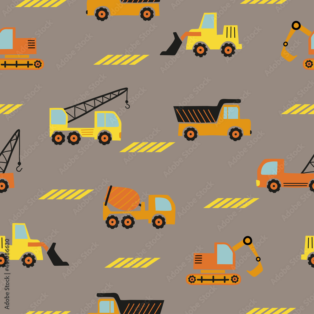 Seamless transport pattern with construction trucks for kids. Textile, fabric design. Seamless transport pattern with construction trucks for kids. Textile, fabric design.