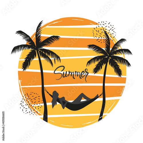 Summer vacation on tropical beach. Girl lying in hammock under palm trees vector illustration.