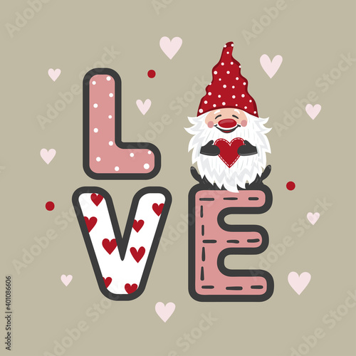 Valentines day card with cute gnome and red heart. Vector love illustration.