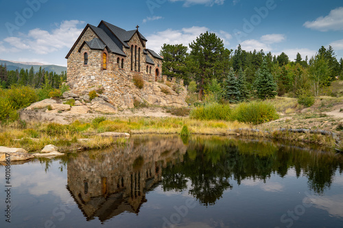 St Catherines Chapel on the Rock Church in the Rocky Mountains of Colorado, reflection in lake
