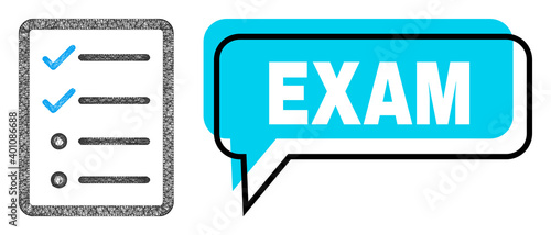 Chat Exam blue bubble message and wire frame checklist page. Frame and colored area are shifted to Exam caption, which is located inside blue colored speech balloon.