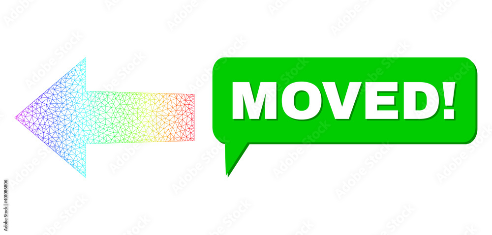 Moved! and arrow left composition. Spectral colored net arrow left, and speech Moved! bubble frame. Conversation colored Moved! bubble has shadow. Moved! and arrow left composition. Spectral colored net arrow left, and speech Moved! bubble frame. Conversation colored Moved! bubble has shadow.
