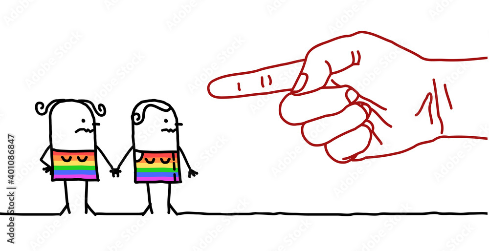 Big Hand with Cartoon Character - Pointing Finger Sign on a Lesbian Couple Big Hand with Cartoon Character - Pointing Finger Sign on a Lesbian Couple