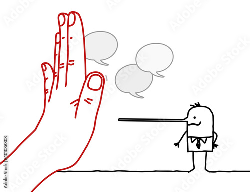 Big Hand with Cartoon Character - Stop Sign Facing a Liar Man with long nose