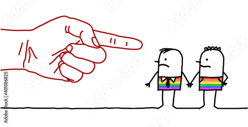 Big Hand with Cartoon Character - Pointing Finger Sign on a Gay Couple