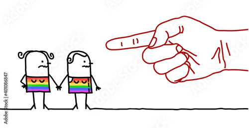Big Hand with Cartoon Character - Pointing Finger Sign on a Lesbian Couple