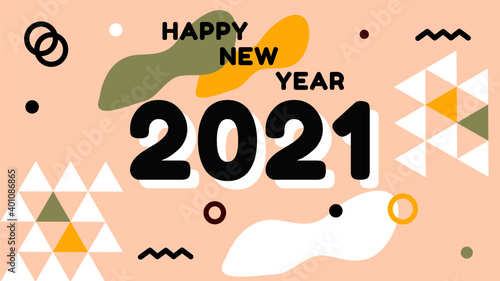 Happy new year 2021 banner with modern geometric abstract background in retro style. Vector illustration