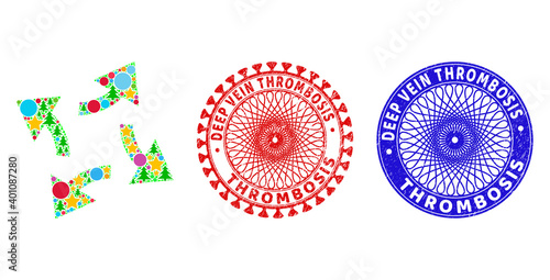 Centrifugal arrows collage of New Year symbols, such as stars, fir trees, multicolored spheres, and DEEP VEIN THROMBOSIS corroded stamp seals.