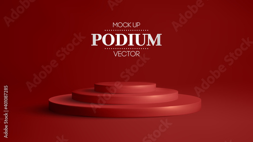 3D red podium on soft red background. 3D stage round podium vector. Award winner platform studio.