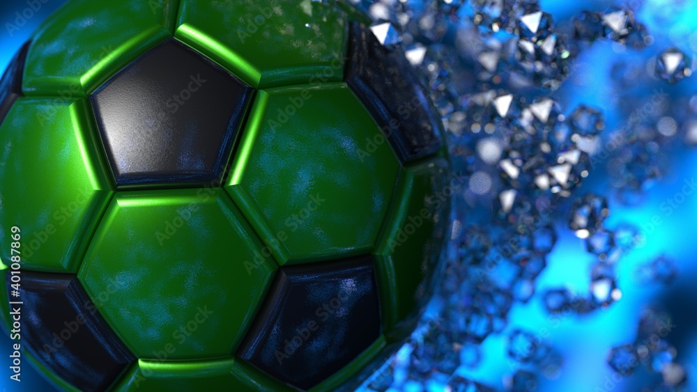 Naklejka premium Green-Black Soccer Ball with diamond particles under blue flare lighting. 3D illustration. 3D CG. 3D high quality rendering.