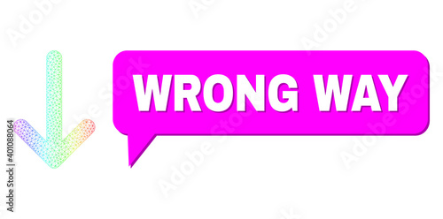 Wrong Way and arrow down vector. Rainbow colorful mesh arrow down, and chat Wrong Way cloud frame. Chat colored Wrong Way cloud has shadow. Vector framework generated from arrow down icon with mesh.