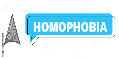 Chat Homophobia blue cloud message and wire frame arrowhead up. Frame and colored area are shifted for Homophobia text, which is located inside blue colored banner.