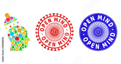 Brain washing composition of Christmas symbols, such as stars, fir-trees, multicolored balls, and OPEN MIND dirty seals. Vector OPEN MIND stamps uses guilloche pattern,