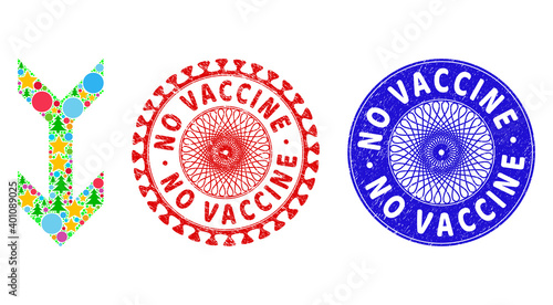 Arrow down composition of New Year symbols, such as stars, fir-trees, colored round items, and NO VACCINE dirty stamp seals. Vector NO VACCINE seals uses guilloche ornament,