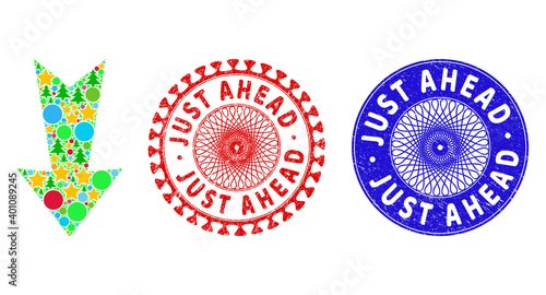 Arrow down composition of Christmas symbols, such as stars, fir-trees, color spheres, and JUST AHEAD dirty stamps. Vector JUST AHEAD stamps uses guilloche pattern, designed in red and blue versions.