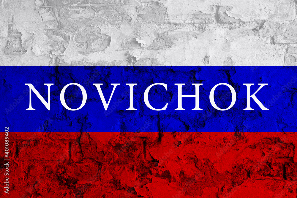 Novichok from Russia. Novichok on Russia flag. Chemical weapons. Extremely toxic chemical. Navalny news. Poisoning from Russia. Related Putin. FSB. Russia threat. Intelligence services. Agent poison