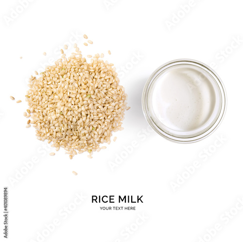 Creative layout made of rice milk on white background. Flat lay. Food concept. 