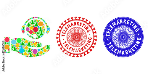 Call center service composition of Christmas symbols, such as stars, fir trees, multicolored spheres, and TELEMARKETING corroded stamp seals. Vector TELEMARKETING stamp seals uses guilloche ornament,