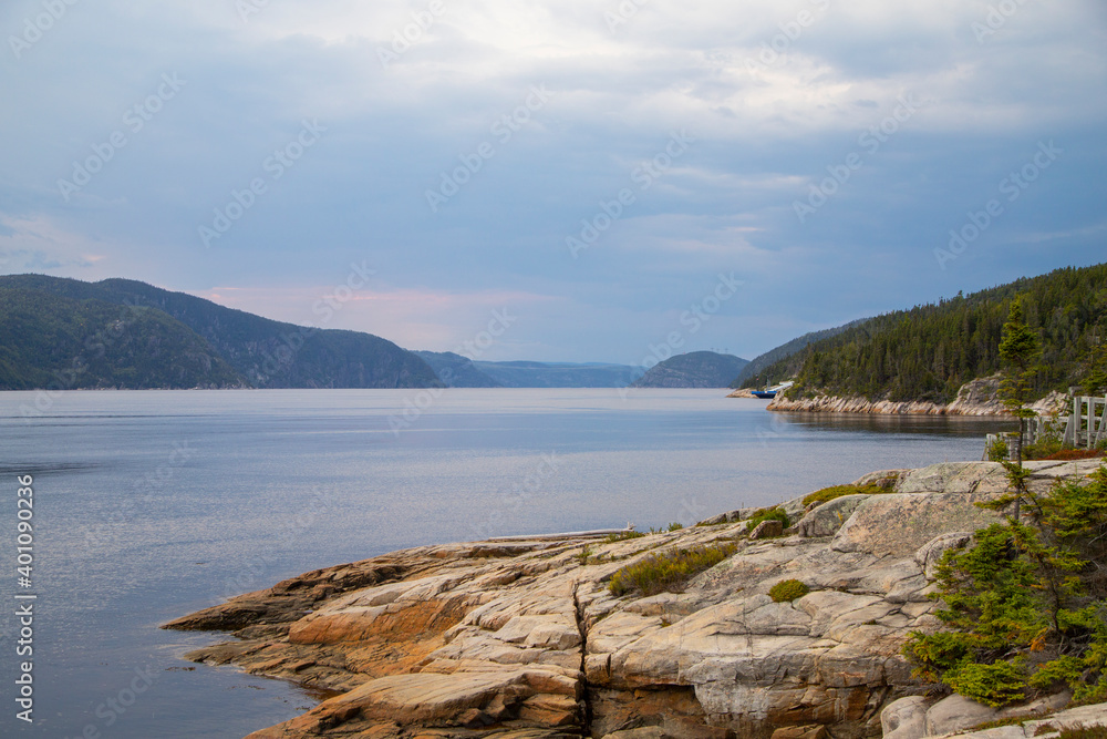 Beautiful view on Saguenay river from the rocky shore. Tadoussac, Quebec, Canada.	