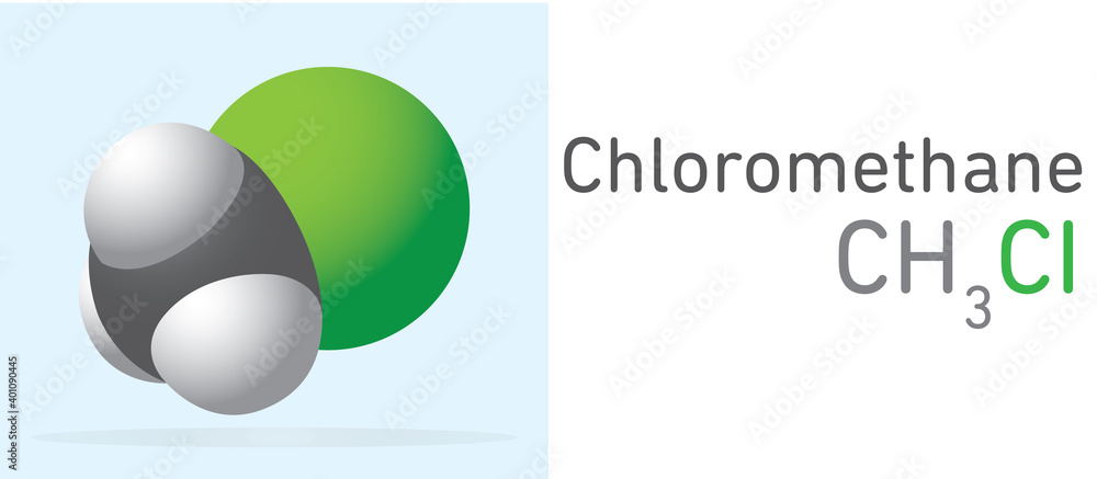 Chloromethane (CH3CI) gas molecule. Space filling model. Structural Chemical Formula and Molecule Model. Chemistry Education Chloromethane (CH3CI) gas molecule. Space filling model. Structural Chemical Formula and Molecule Model. Chemistry Education