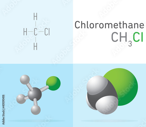 Chloromethane (CH3CI) gas molecule. Two different molecule model and chemical formula. Ball, stick and Space filling model. Structural Chemical Formula and Molecule Model. Chemistry Education