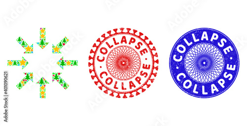 Collapse arrows collage of Christmas symbols, such as stars, fir trees, bright circles, and COLLAPSE scratched stamp seals. Vector COLLAPSE stamp seals uses guilloche ornament,