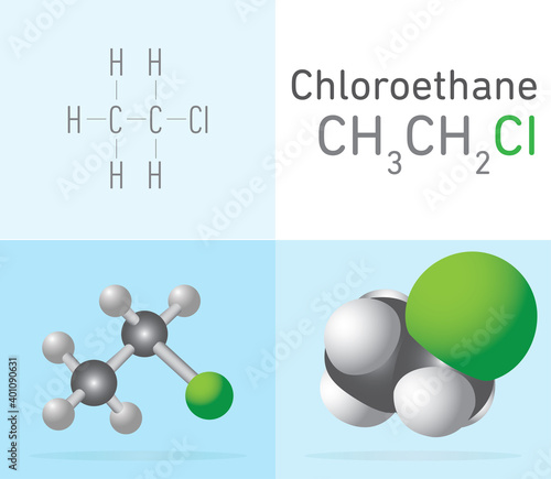 Chloroethane (CH3CH2CI) gas molecule. Two different molecule model and chemical formula. Ball, stick and Space filling model. Structural Chemical Formula and Molecule Model. Chemistry Education