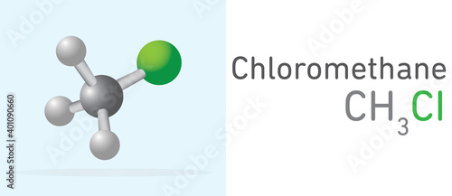 Chloromethane (CH3CI) gas molecule. Stick model. Structural Chemical Formula. Chemistry Education