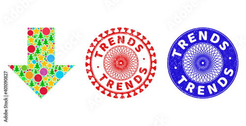 Arrow down composition of New Year symbols, such as stars, fir trees, color round items, and TRENDS unclean stamp prints. Vector TRENDS stamp seals uses guilloche pattern,